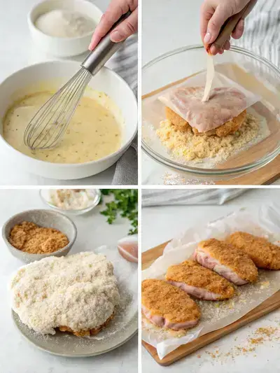 Step-by-step preparation of a crispy chicken burger, showcasing pounding chicken, whisking egg and milk, preparing flour mixture, and frying chicken.