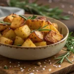 Golden roasted diced potatoes with fresh rosemary on a wooden table.
