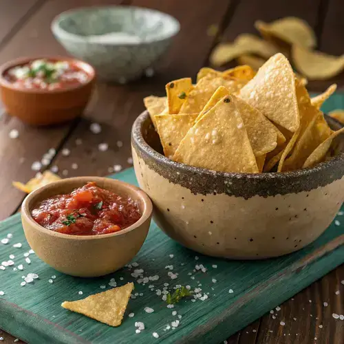 Freshly fried Tortilla Chips served with salsa on a wooden table.