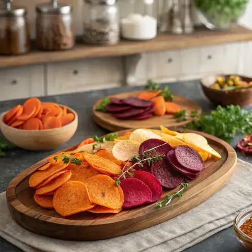 Crispy veggie chips in a bowl, showcasing the vibrant colors of sweet potatoes, beets, and carrots.