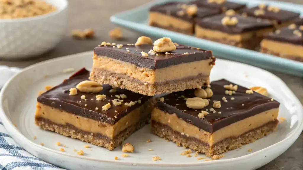 A close-up view of buckeye bars with a rich chocolate layer on top and a creamy peanut butter filling.