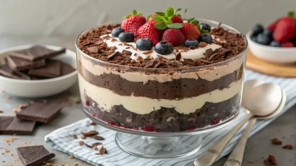 Chocolate Cheesecake Trifle with layers of cheesecake, chocolate pudding, and cookie crumbs topped with chocolate shavings.