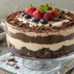Chocolate Cheesecake Trifle with layers of cheesecake, chocolate pudding, and cookie crumbs topped with chocolate shavings.
