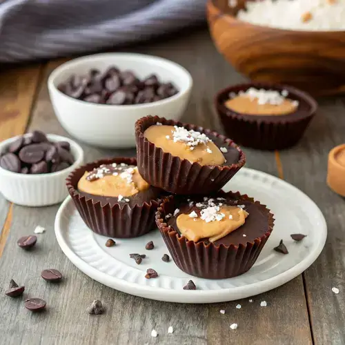 A close-up of PEANUT BUTTER MARSHMALLOW CUPS with chocolate drizzle.