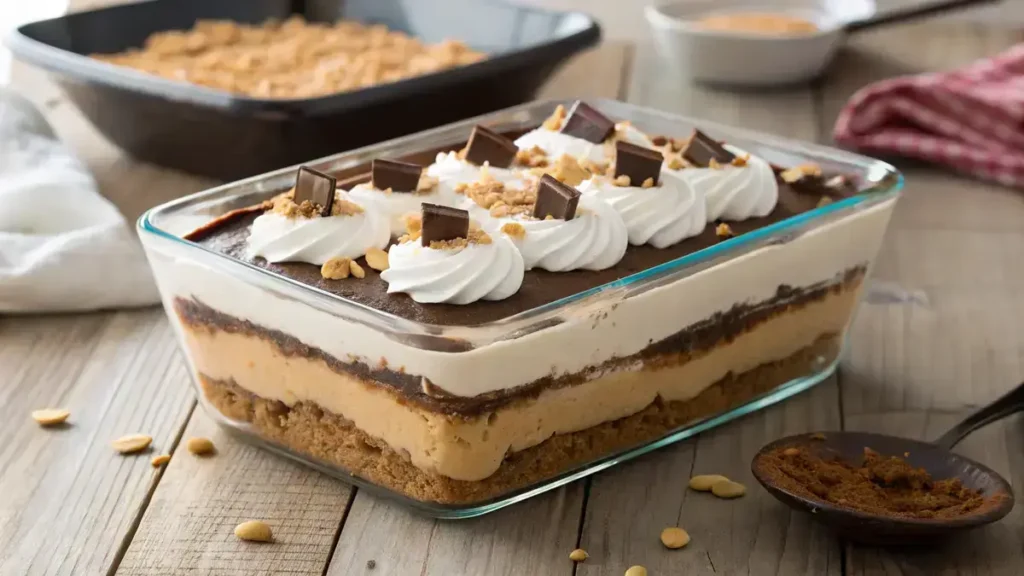 Close-up view of an enticing Peanut Butter Lasagna layered dessert with chocolate ganache, smooth peanut butter filling, and whipped cream on a white plate.
