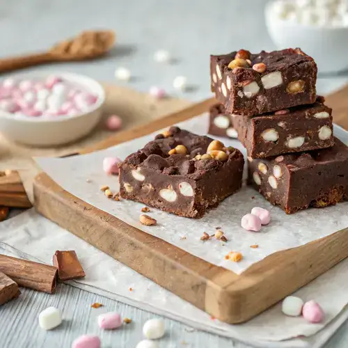 Finished Rocky Road Fudge cut into squares, presented on a rustic board with a sprinkle of nuts.