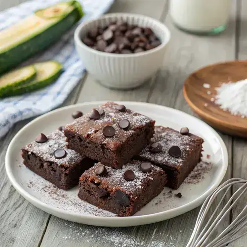 Freshly baked ZUCCHINI BROWNIES cut into squares, with chocolate chips and powdered sugar.