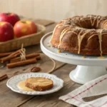 A delicious APPLE CIDER DOUGHNUT CAKE topped with cinnamon-sugar and melted butter, surrounded by fresh apples.