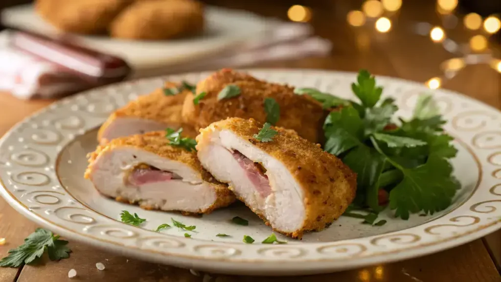 Close-up of crispy, golden-brown chicken cutlets garnished with parsley on a textured white plate, showcasing juicy meat inside.