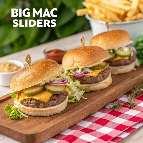 A platter of BIG MAC SLIDERS served with crispy fries and garnished with herbs.