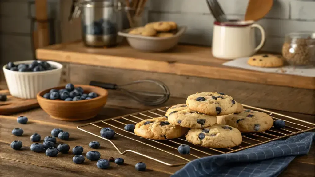 Freshly baked BLUEBERRY COOKIES on a cooling rack with blueberries scattered around.