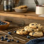 Freshly baked BLUEBERRY COOKIES on a cooling rack with blueberries scattered around.