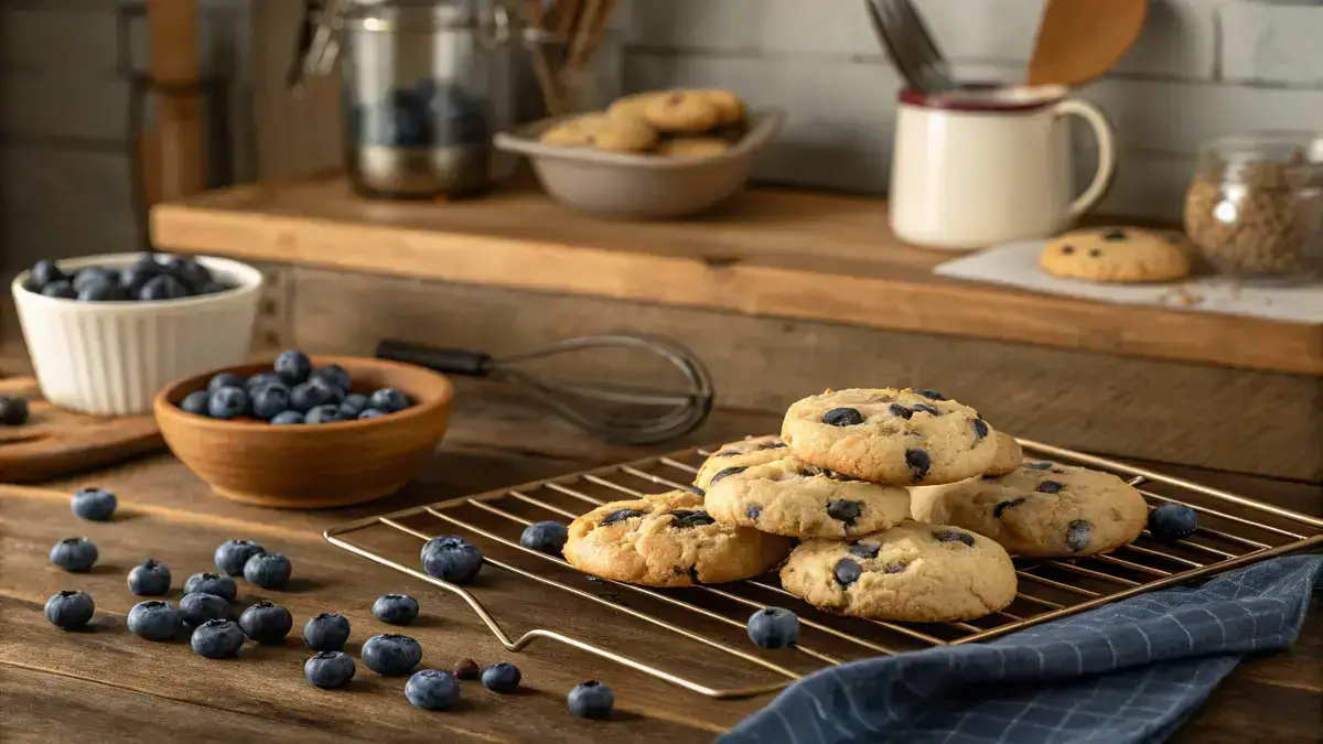 Freshly baked BLUEBERRY COOKIES on a cooling rack with blueberries scattered around.