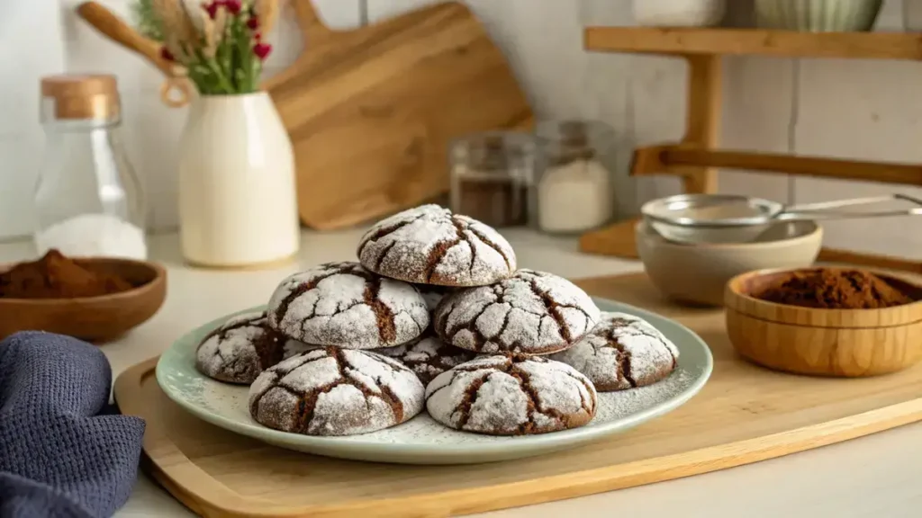 Plate of BROWNIE CRINKLE COOKIES with powdered sugar on top.