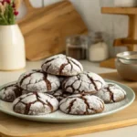 Plate of BROWNIE CRINKLE COOKIES with powdered sugar on top.