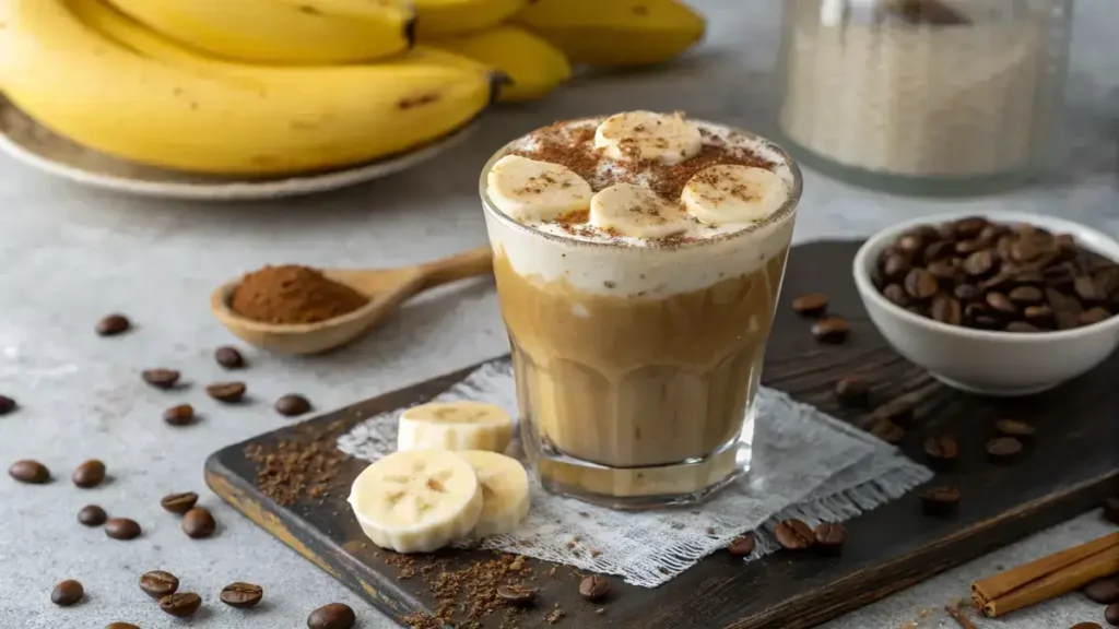 A glass of Banana Coffee topped with froth and cinnamon, surrounded by coffee beans and a banana.