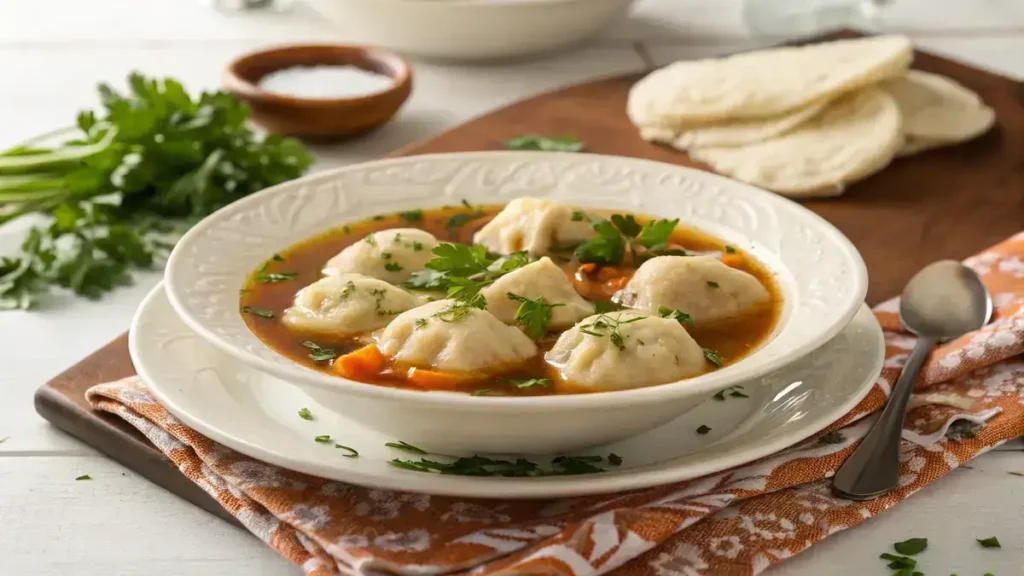 A bowl of bisquick dumplings in broth, garnished with herbs.