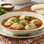 A bowl of bisquick dumplings in broth, garnished with herbs.