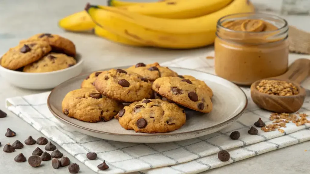 A plate of golden-brown Breakfast Cookies with chocolate chips, surrounded by ripe bananas and peanut butter.