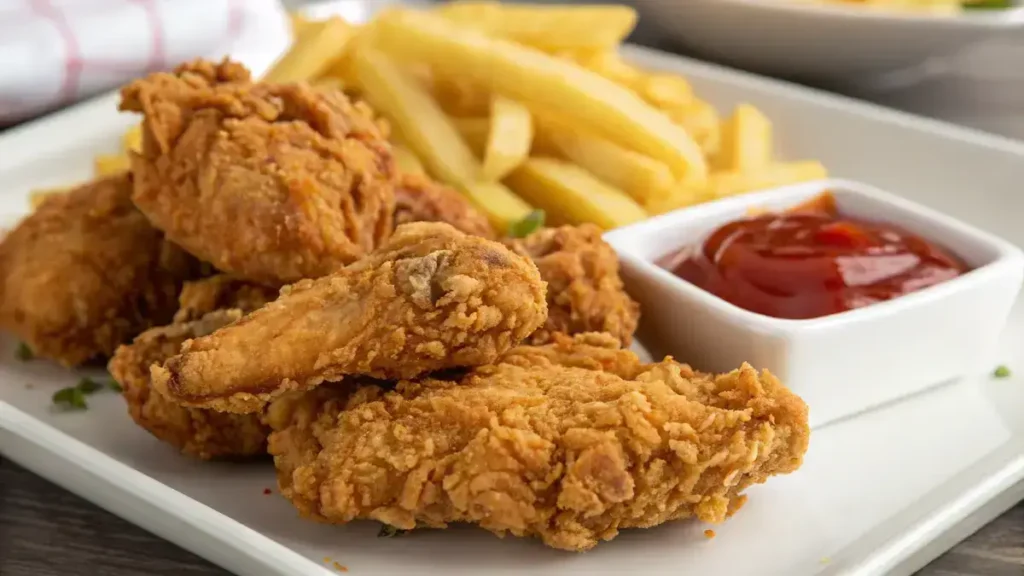 Close-up of crispy fried chicken on a white plate with French fries and ketchup in the background.
