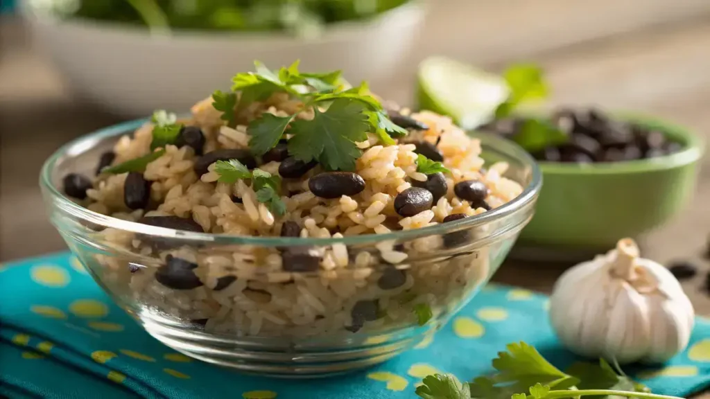 A close-up of brown rice and black beans in a clear glass bowl, garnished with cilantro, on a blurred blue and green tablecloth.