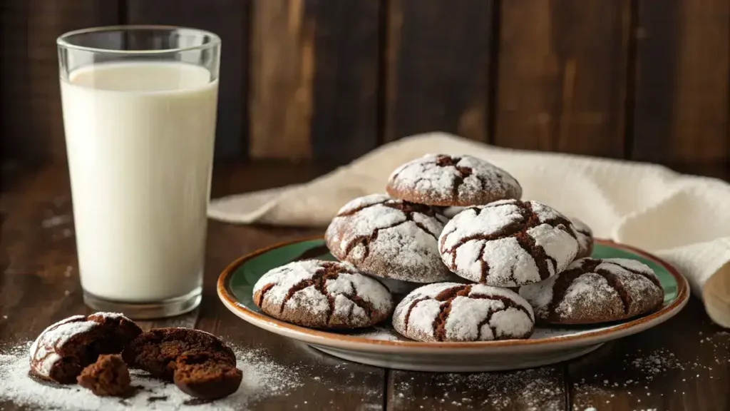 Plate of CHOCOLATE CRINKLE COOKIES dusted with powdered sugar next to a glass of milk.