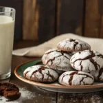 Plate of CHOCOLATE CRINKLE COOKIES dusted with powdered sugar next to a glass of milk.