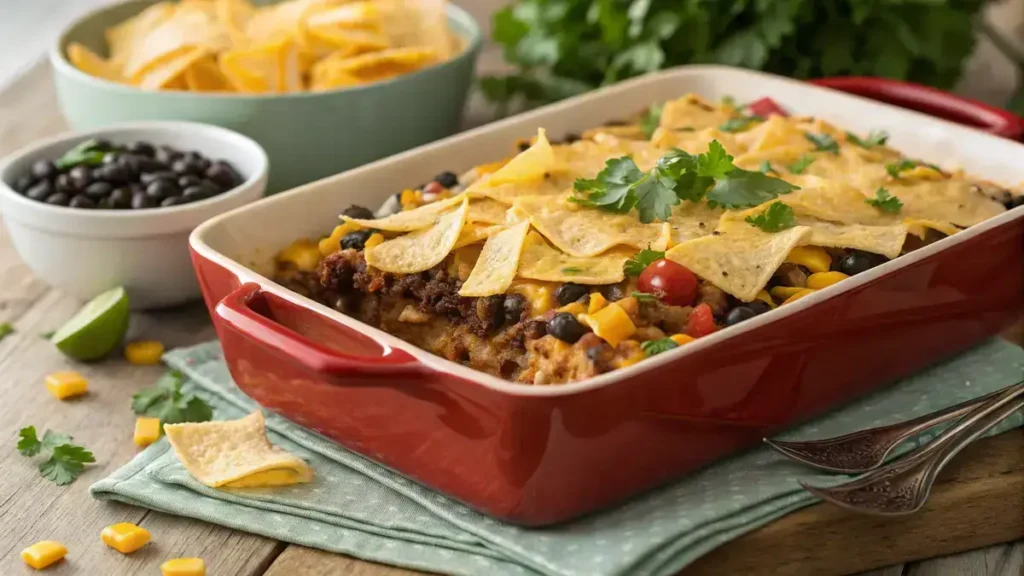 A freshly baked COWBOY CASSEROLE with melted cheese and tortilla chip topping in a baking dish.