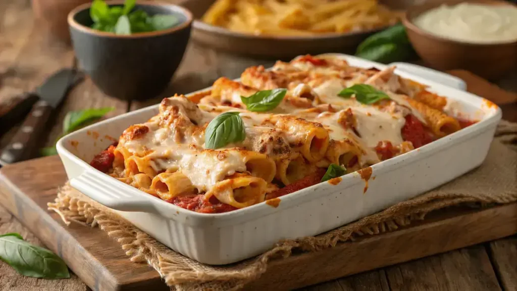 A close-up of Chicken Baked Ziti with melted cheese and herbs on top.