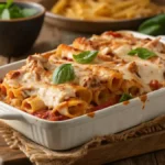 A close-up of Chicken Baked Ziti with melted cheese and herbs on top.
