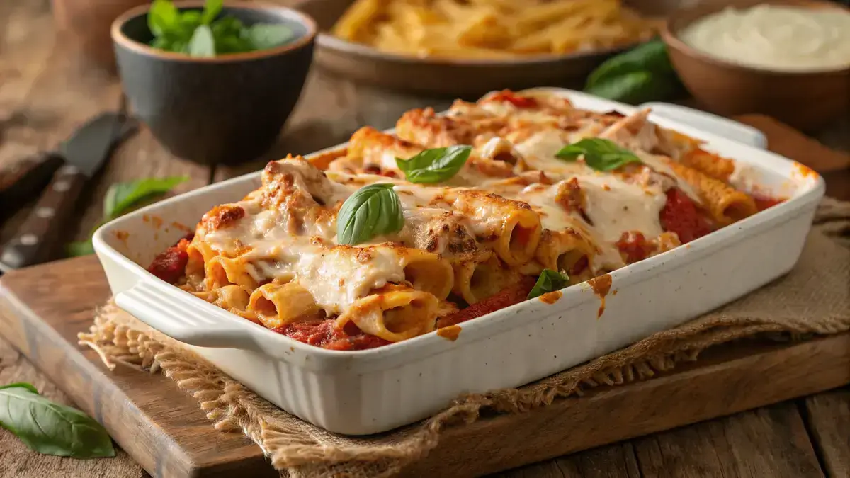 A close-up of Chicken Baked Ziti with melted cheese and herbs on top.