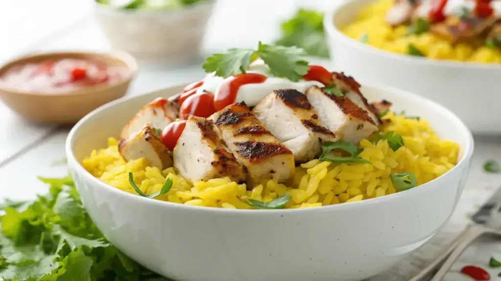 A close-up of a white bowl filled with yellow rice and grilled chicken, topped with sauces and fresh herbs.