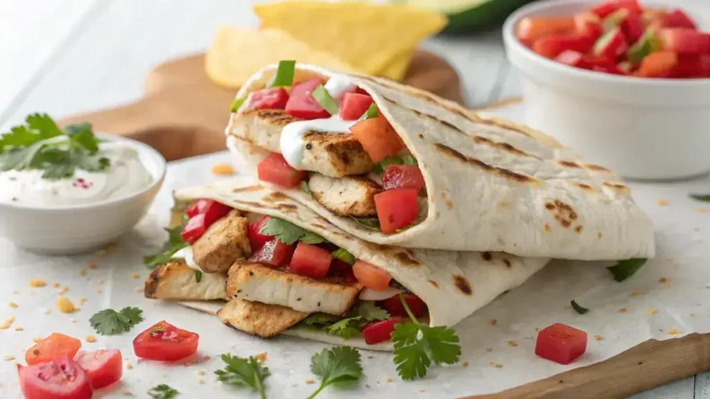 Close-up of a chicken shawarma wrap with grilled chicken, red bell peppers, and creamy sauce, garnished with cilantro and watermelon.