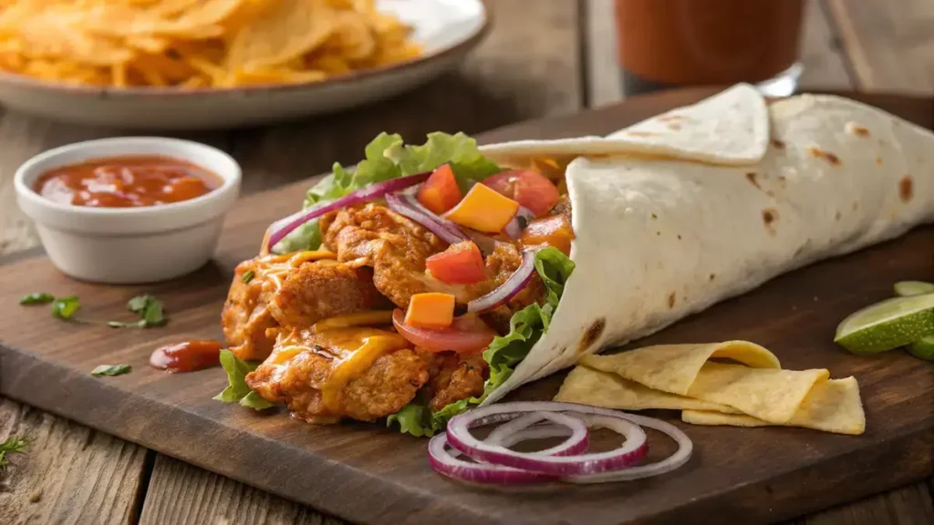 A freshly made chicken wing wrap filled with shredded chicken, lettuce, tomatoes, and cheese, served with dipping sauces.