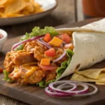 A freshly made chicken wing wrap filled with shredded chicken, lettuce, tomatoes, and cheese, served with dipping sauces.