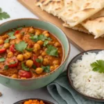 Bowl of chickpea curry garnished with cilantro, served with rice and flatbread.