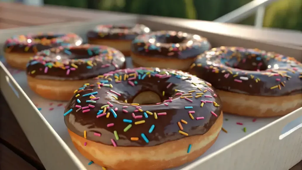 Close-up of chocolate glazed donuts with colorful sprinkles in a bright box on a wooden surface.