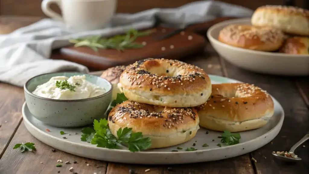 Freshly baked cottage cheese bagels topped with seeds on a wooden table.