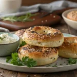 Freshly baked cottage cheese bagels topped with seeds on a wooden table.