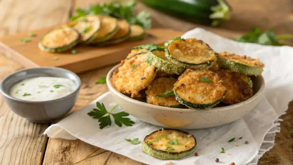 A plate of crispy air-fried zucchini chips with a bowl of dip on a wooden table.