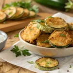 A plate of crispy air-fried zucchini chips with a bowl of dip on a wooden table.