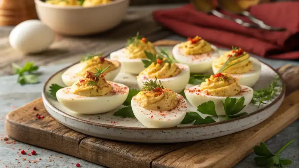 A close-up of devilled eggs garnished with paprika on a wooden platter.