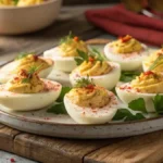 A close-up of devilled eggs garnished with paprika on a wooden platter.