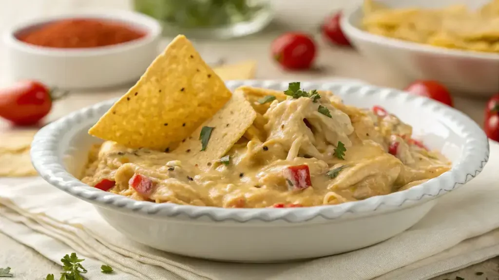 Close-up of a creamy chicken enchilada casserole topped with a golden tortilla chip, showcasing its rich textures and inviting colors.
