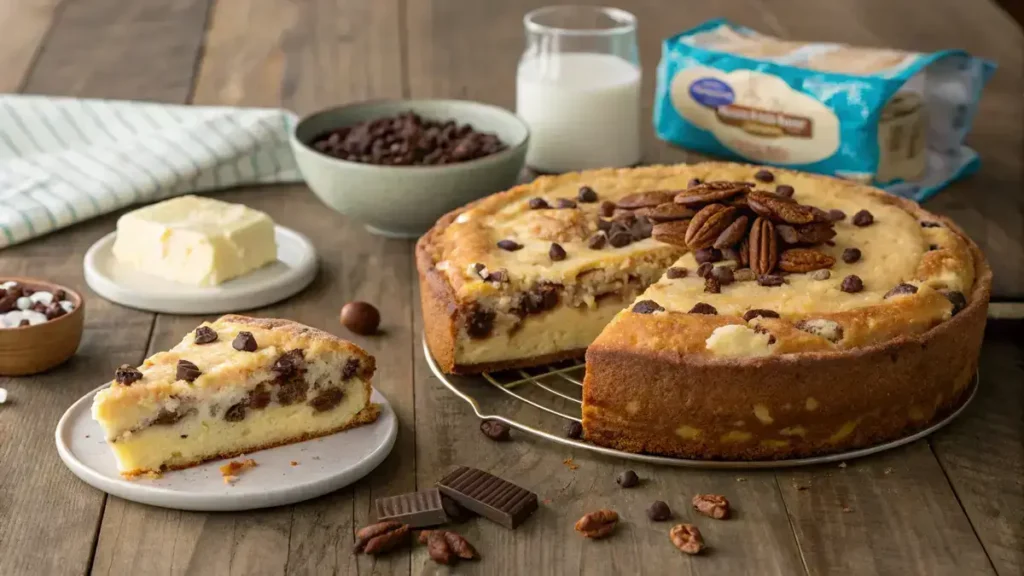 A slice of Earthquake Cake revealing its creamy layers and topped with chocolate chips and pecans.