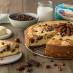 A slice of Earthquake Cake revealing its creamy layers and topped with chocolate chips and pecans.