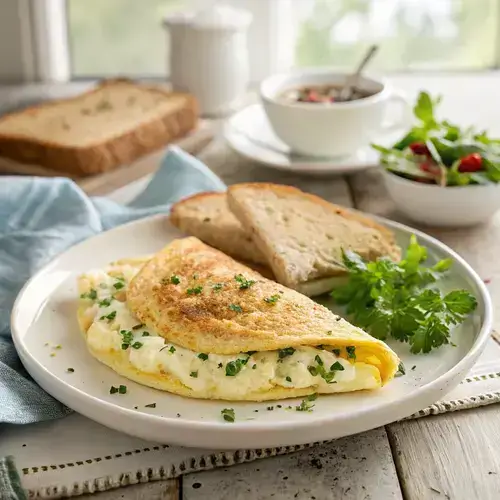 A skillet showcasing a fluffy omelette adorned with crumbled feta cheese, sizzling on the stovetop.
