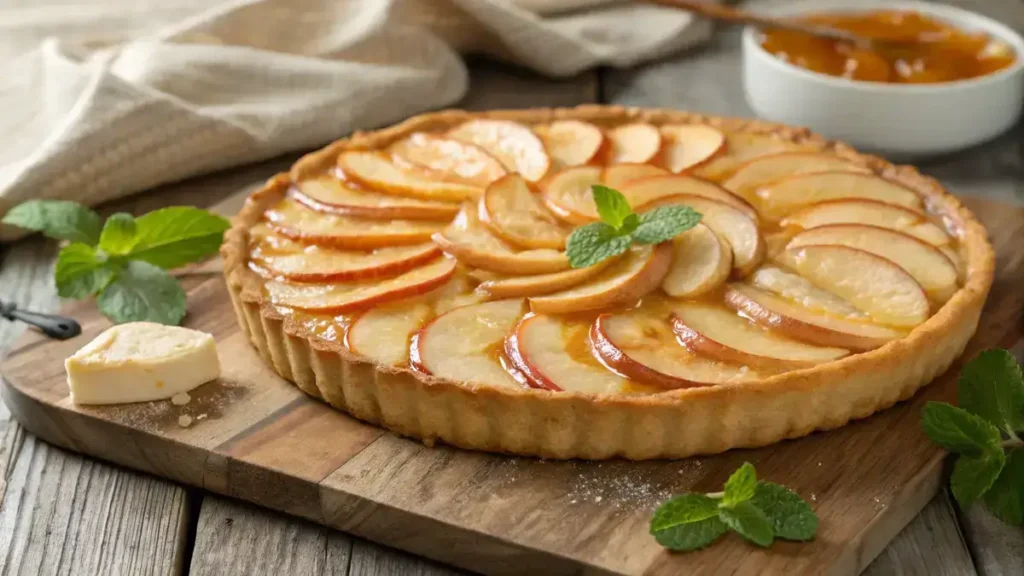 A freshly baked French apple tart with a golden crust and glossy apple glaze.