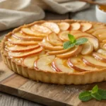 A freshly baked French apple tart with a golden crust and glossy apple glaze.