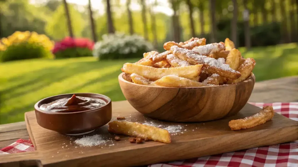 A close-up of funnel cake fries dusted with powdered sugar, served with chocolate sauce.